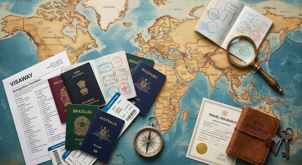 A world map with a passport and travel documents
