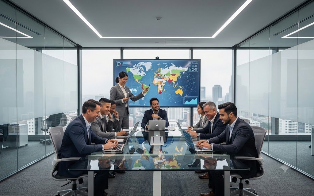 Professionals collaborating in a modern glass corporate office