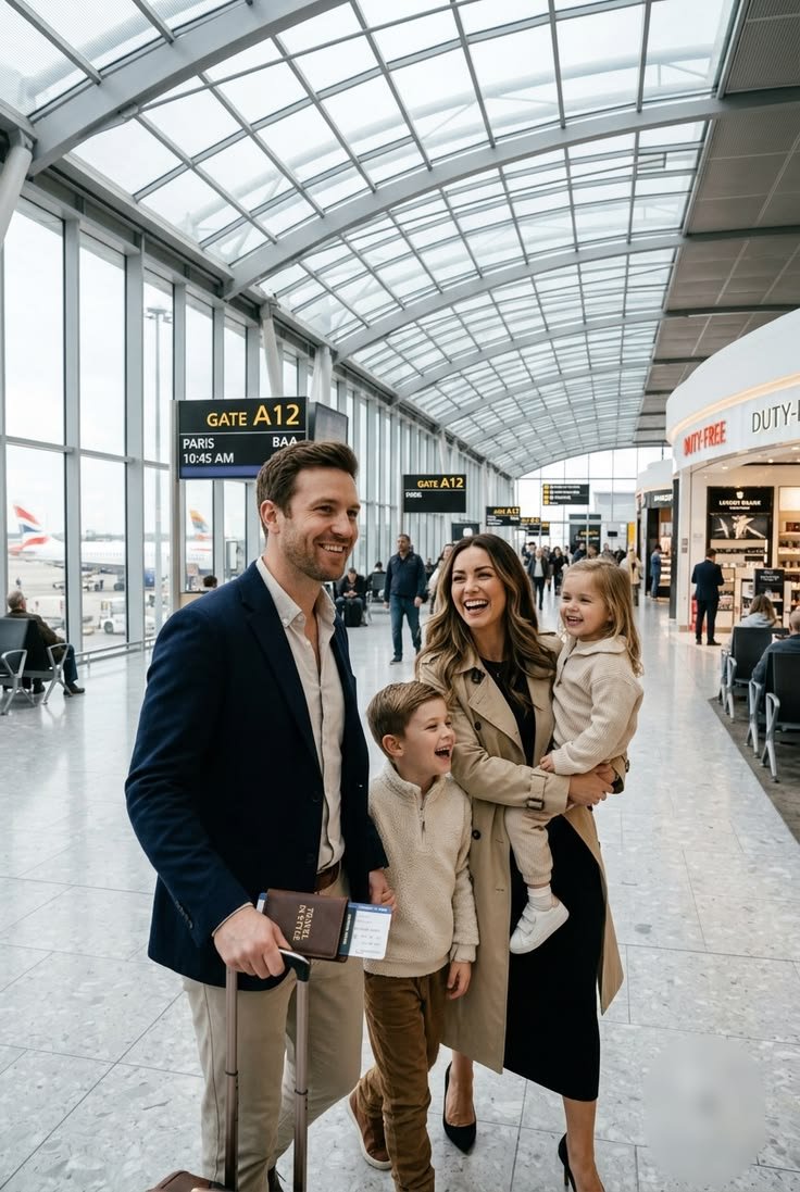 Family reunited at an airport arrivals hall