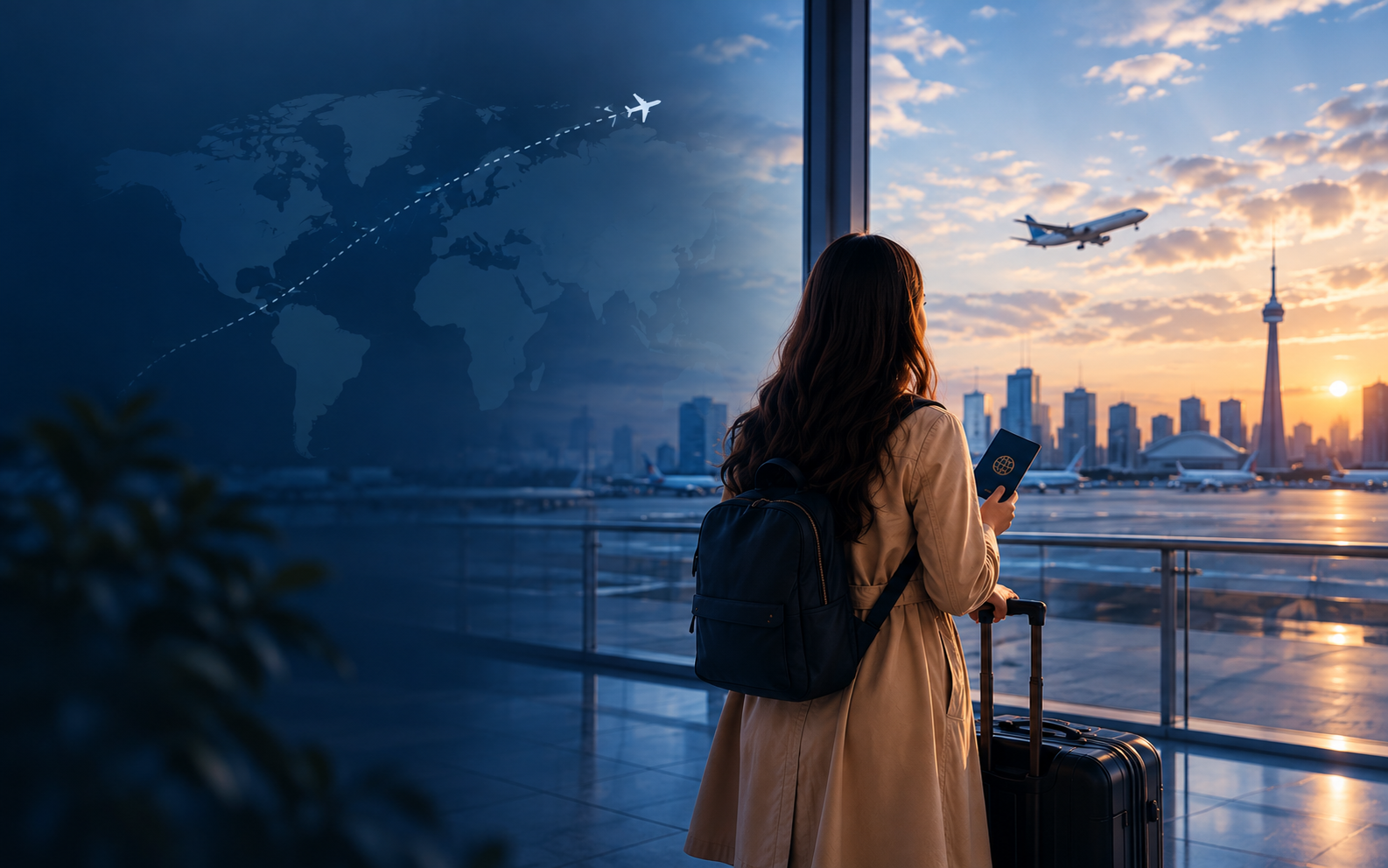Traveler with a suitcase walking through a bright international airport terminal