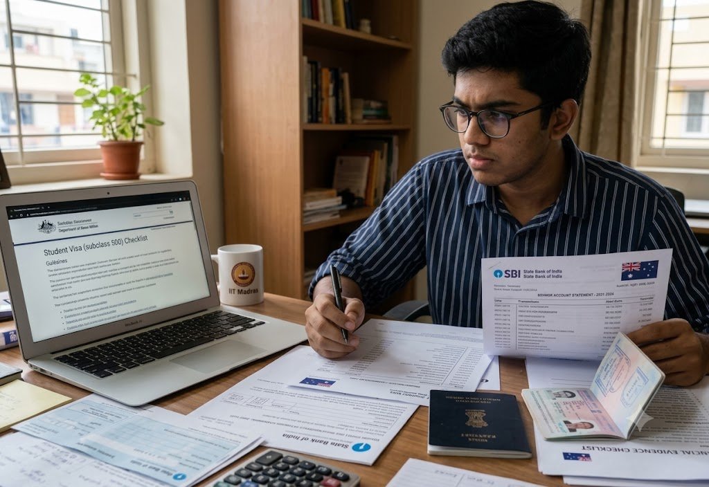 Laptop and passport on a desk with a checklist for a study permit
