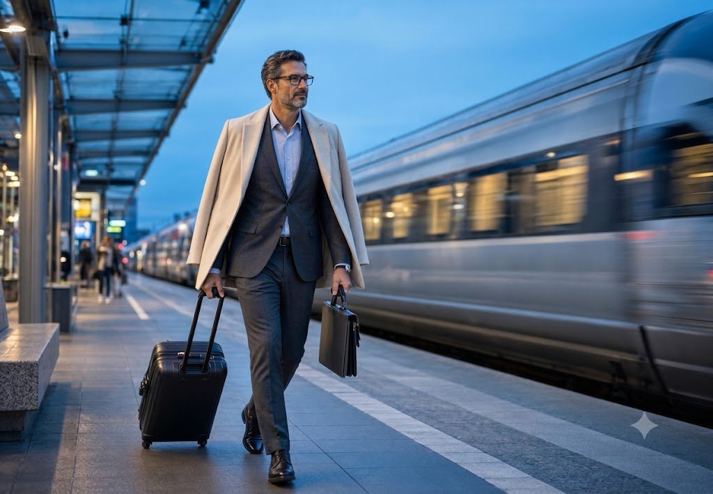 Professional carrying a suitcase through a European train station