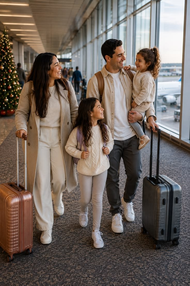 Family with luggage smiling together in an airport arrivals hall