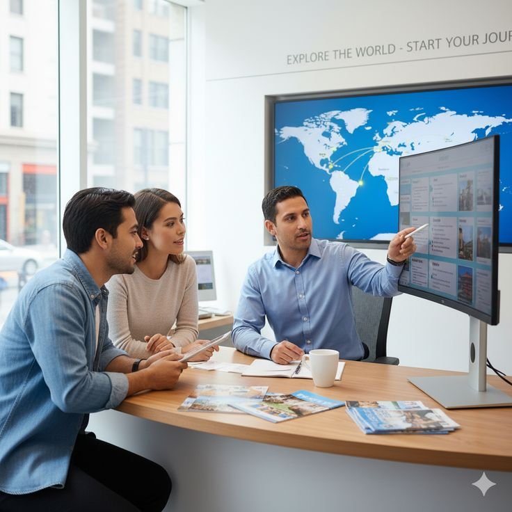 An advisor and a client talking through documents at a desk
