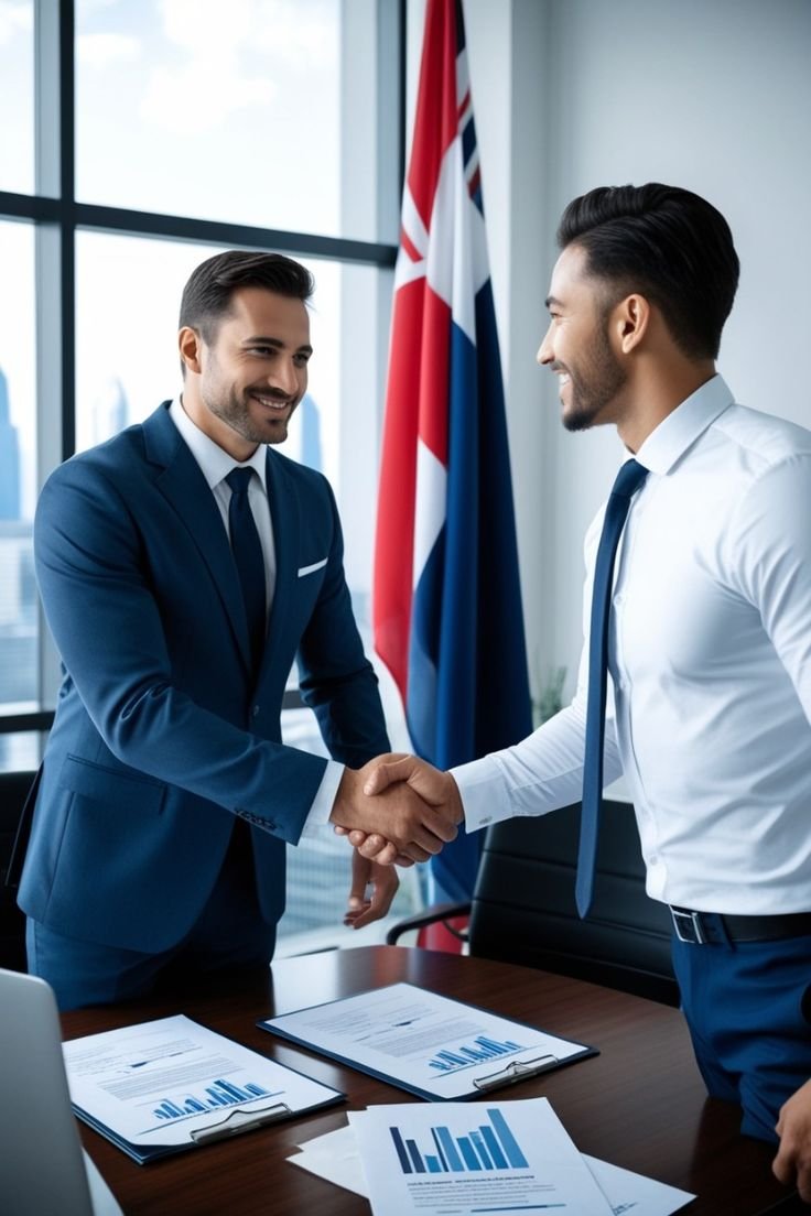 A consultant explaining visa documents to a client