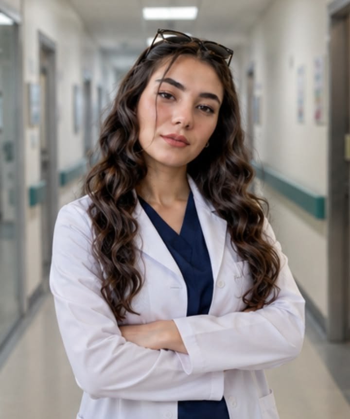 Nurse in scrubs smiling in an Australian hospital corridor