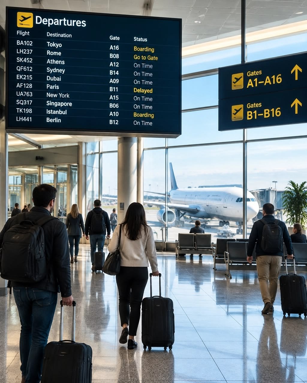 Traveller with a suitcase at an airport gate