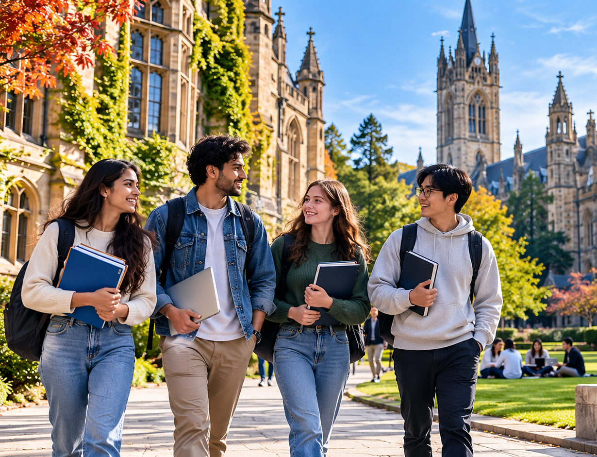 Students walking across a historic university campus lawn