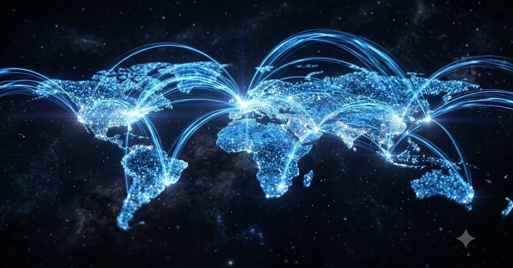 Illuminated globe showing continents and international routes
